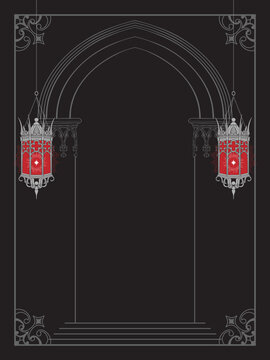 Gothic arch with lanterns gothic postcard, poster or book cover design element vector illustration