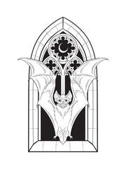 Vampire bat in front of the gothic cathedral window with crescent moon. Witch familiar spirit, halloween or pagan witchcraft theme print design vector illustration