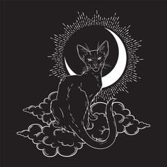 Black cat sitting on a cloud with crescent moon. Witch familiar spirit, halloween or pagan witchcraft theme print design vector illustration