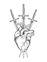 Realistic human heart pierced with three swords hand drawn black and white art. Flash tattoo or print design vector illustration