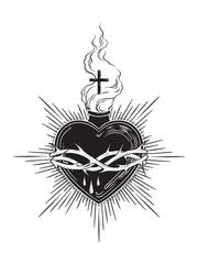 Holy heart of Jesus Christ in thorns hand drawn line art and dotwork. Flash tattoo or print design vector illustration