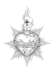 Holy heart of Jesus Christ in thorns hand drawn line art and dotwork. Flash tattoo or print design vector illustration