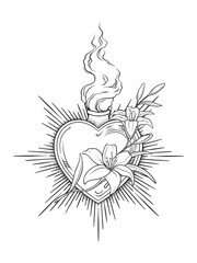Holy heart of Joseph with lilies hand drawn line art and dotwork. Flash tattoo or print design vector illustration
