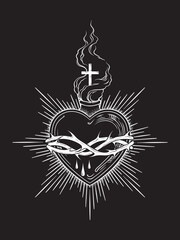 Holy heart of Jesus Christ in thorns hand drawn line art and dotwork. Flash tattoo or print design vector illustration