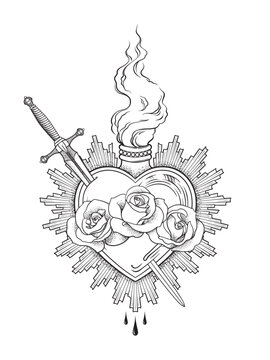 Holy heart of Mary with roses and sword hand drawn line art and dotwork. Flash tattoo or print design vector illustration