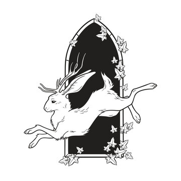 Jackalope hare with horns folklore magic animal over gothic arch with poison ivy hand drawn line art gothic tattoo design isolated vector illustration