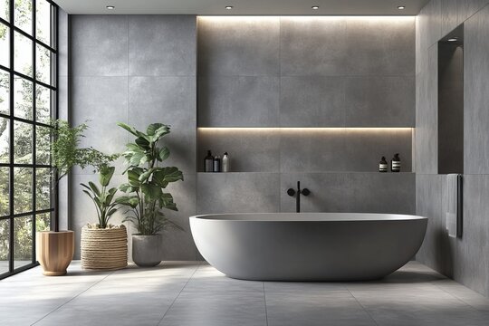 Grey bathroom with tiled floor and walls, Generative AI