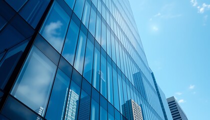 Obraz premium The sleek glass facade of a modern high-rise building reflects the vibrant cityscape below.