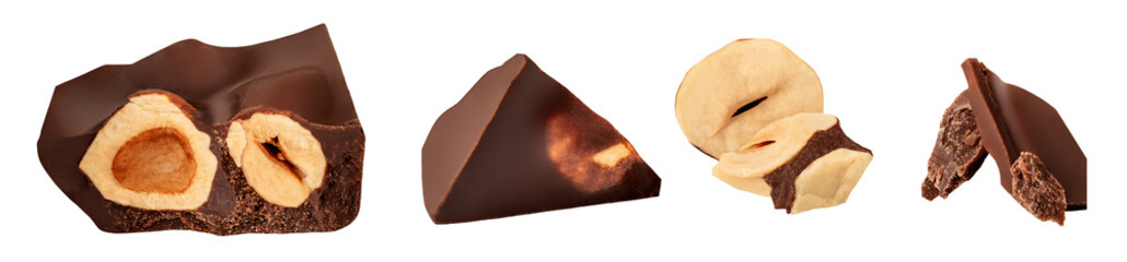Dark Chocolate with hazelnuts isolated on white background. Set of Broken chocolate bar pieces with hazel nuts. Pattern