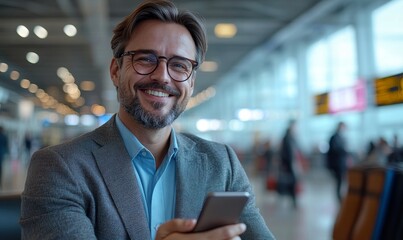 Airport Terminal Flight Wait: Smiling Businessman Uses Smartphone for e-Business, Browsing Internet with an App. Traveling Entrepreneur Work Online on