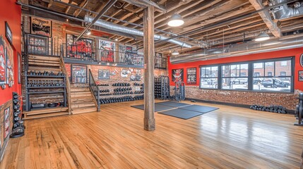 Fototapeta premium Modern Fitness Studio with Exposed Brick Walls and Wooden Floor