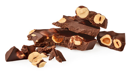 Milky Chocolate with hazelnuts isolated on white background. Broken chocolate bar pieces with nuts