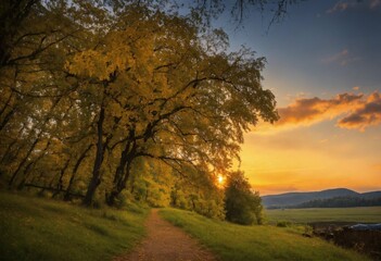 Obraz premium Sunset in the woods, AI generated