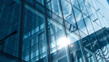 Fototapeta premium A close-up of the sleek glass facade of a modern high-rise building reveals the intricate reflections and textures.