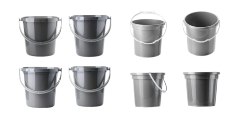 Set of gray plastic buckets with handles