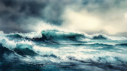 Obraz premium Watercolor Painting of Ocean Waves Under a Cloudy Sky