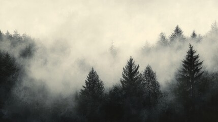 Fototapeta premium Misty forest landscape with dark silhouettes of pine trees under a moody sky.