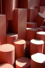 Obraz premium Abstract Arrangement of Cylindrical and Rectangular Shapes in Pink and White