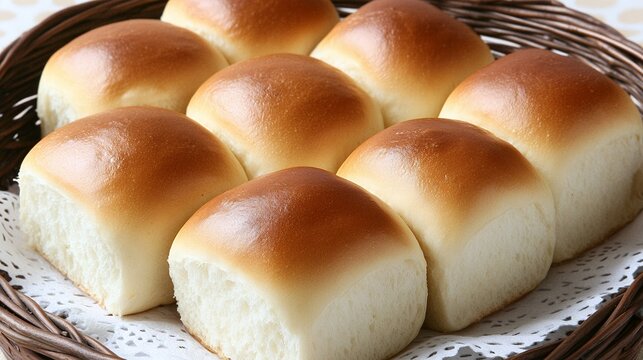 Freshly baked rolls in a wicker basket.