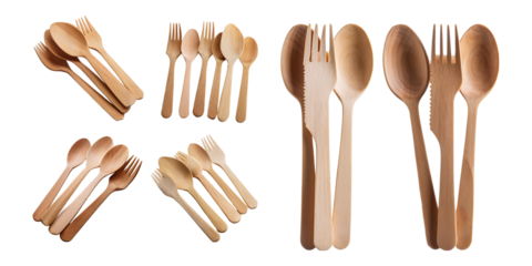 Eco-friendly wooden cutlery set including spoons, forks, and knives, perfect for sustainable dining, isolated on a transparent background.