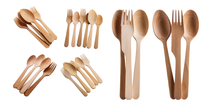 Eco-friendly wooden cutlery set including spoons, forks, and knives, perfect for sustainable dining, isolated on a transparent background.