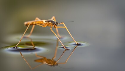 Naklejka premium The elongated legs of a water strider insect, skimming across a still pond, are captured in extreme close-up.