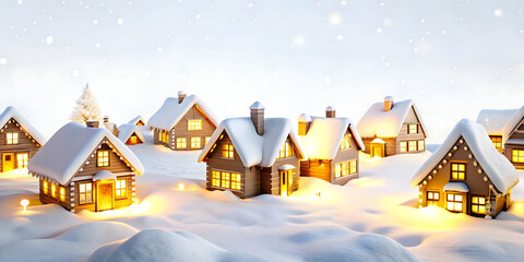 Obraz premium Peaceful 3D Snowy Village with Glowing Windows and Ample Copy Space - Winter Landscape with Soft Lighting and Snow-Covered Roofs