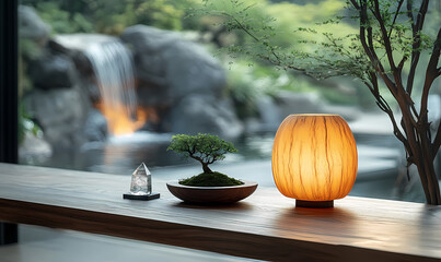 A serene Feng Shui-inspired workspace featuring a woo