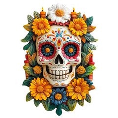 Day of the dead skull surrounded by vibrant flowers.