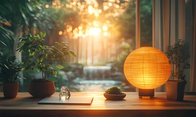 A serene Feng Shui-inspired workspace featuring a woo