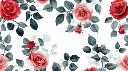 Watercolor floral pattern with red roses and green leaves on a white background.