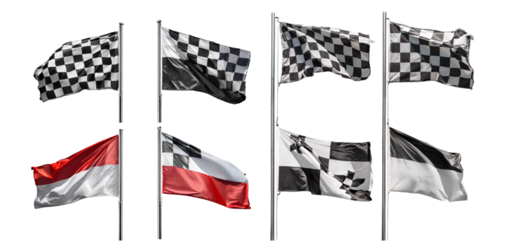 racing flags on steel poles, set collection, mega bundle, isolated on transparent background