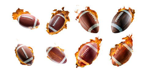 A set collection of American footballs engulfed in flames, shown in dynamic angles, mega bundle, isolated on a transparent background.