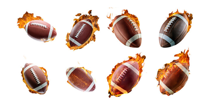 A set collection of American footballs engulfed in flames, shown in dynamic angles, mega bundle, isolated on a transparent background.