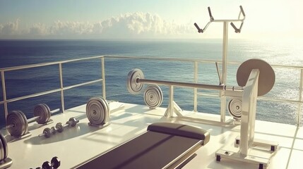 Obraz premium Ocean View Gym Fitness Equipment On Boat Deck