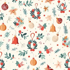 Merry Christmas pattern with festive wreaths and bells, seamless wrapping paper design, joyful holiday wrap