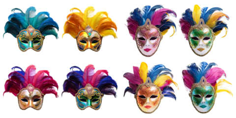 bright Venetian face masks with feathers. Decorative element for traditional Mardi Gras carnivals, holiday masquerade, costumed party