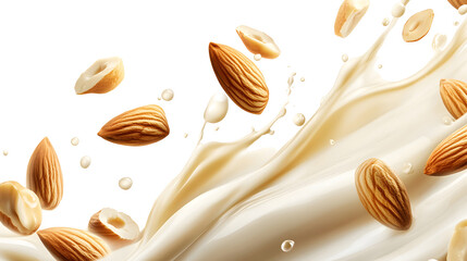 Milk splash with almonds isolated on transparent or white background design, PNG isolated on white background design