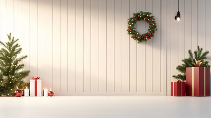 A white room with a wreath on the wall and two Christmas trees