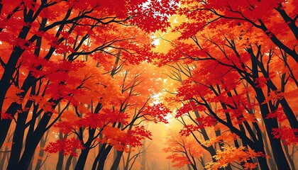 A serene autumn forest canopy illustration featuring a dense collection of trees in full fall color.