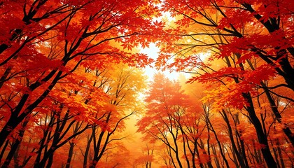 A serene autumn forest canopy illustration featuring a dense collection of trees in full fall color.