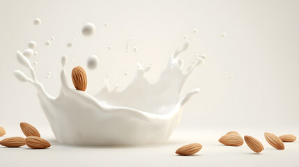 Milk splash with almonds isolated on transparent or white background design, PNG isolated on white background design