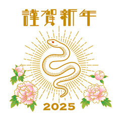 2025 巳年 年賀状素材 - 白蛇と光輪　牡丹の花の装飾