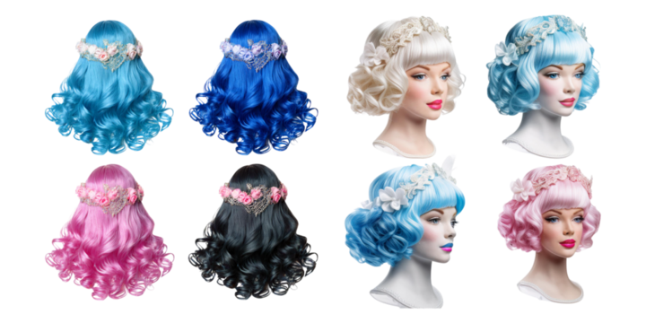Woman wigs rococo set. Girl curly blue and pink vintage princess hairstyle with flowers, beads and ribbons for wedding or carnival, set collection, mega bundle, isolated on transparent background