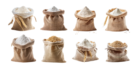 Set of burlap sacks filled with flour and grains, ideal for agricultural and bakery themes. Isolated on transparent background for packaging and food visuals.
