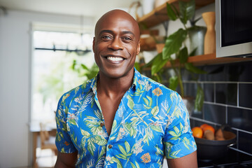 African Man in Floral Shirt Happy in Modern Kitchen Interior