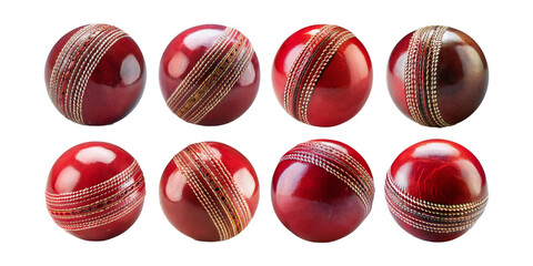 Set of red leather cricket balls with detailed stitching and shiny finish. Isolated on transparent background, ideal for sports and cricket visuals.