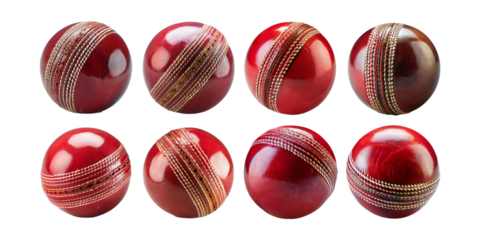 Set of red leather cricket balls with detailed stitching and shiny finish. Isolated on transparent background, ideal for sports and cricket visuals.