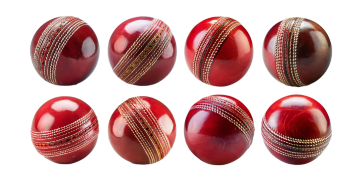 Set of red leather cricket balls with detailed stitching and shiny finish. Isolated on transparent background, ideal for sports and cricket visuals. - Powered by Adobe