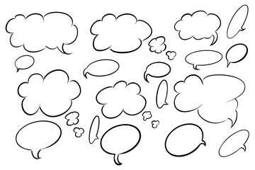 A variety of empty speech and thought bubbles, hand-drawn in different shapes and sizes, often used for dialogues or thoughts in comics.